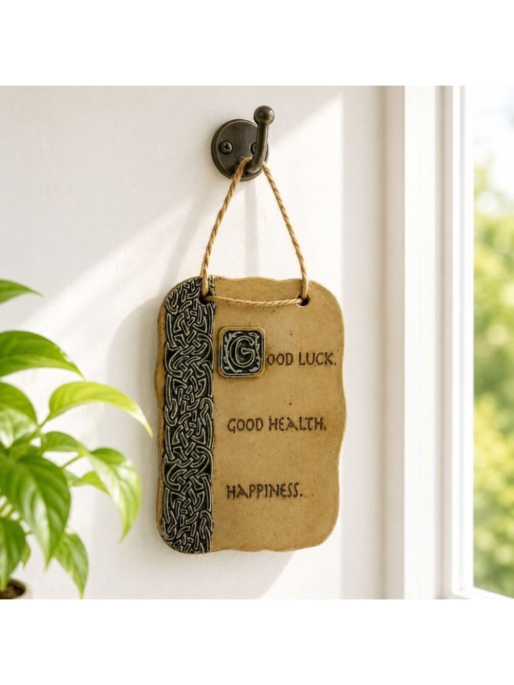 Good Luck Good Health Happiness Ceramic Hanging Plaque With Celtic Knot Design -